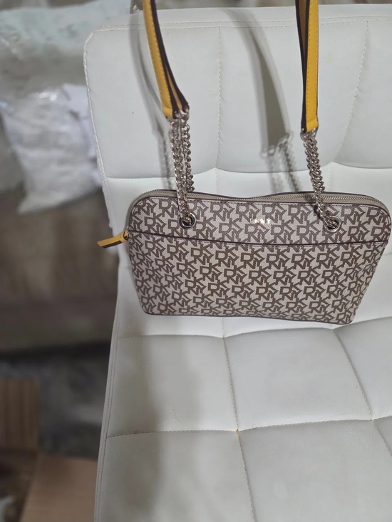 Dkny Handbags - DKNY Beige Monogram Shoulder Bag with Yellow Trim